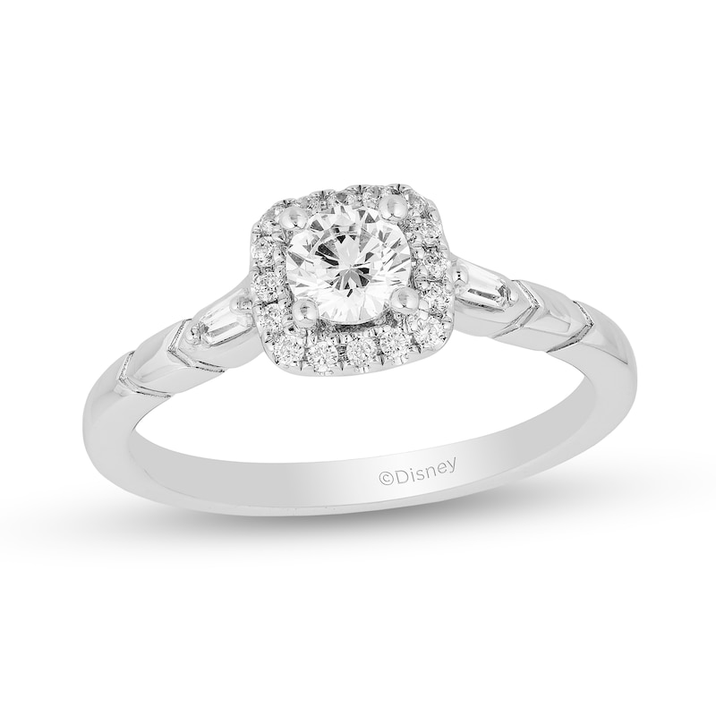 Main Image 1 of Enchanted Disney Elsa 5/8 CT. T.W. Diamond Cushion Frame Engagement Ring in 14K White Gold