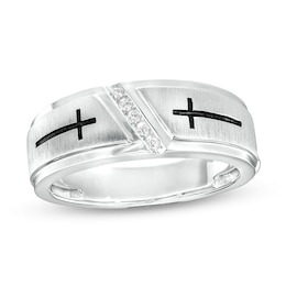 Men's 1/20 CT. T.W. Diamond Five Stone Slant Antique-Finish Double Cross Wedding Band in 10K White Gold