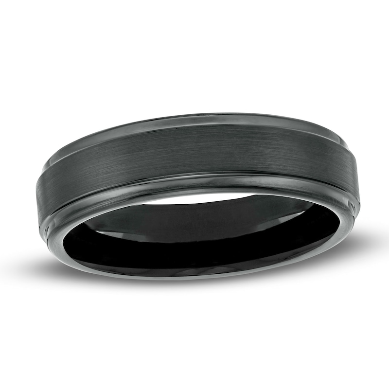 Main Image 1 of Men's 6.0mm Multi-Finish Stepped Edge Engravable Wedding Band in Tungsten with Black IP (1 Line)