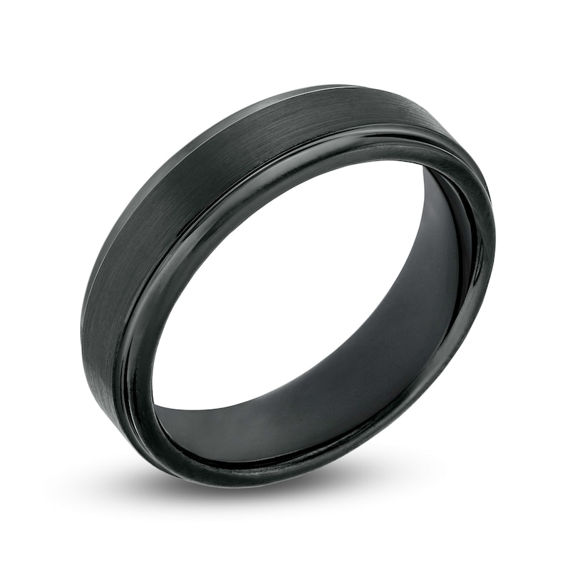 Main Image 2 of Men's 6.0mm Multi-Finish Stepped Edge Engravable Wedding Band in Tungsten with Black IP (1 Line)