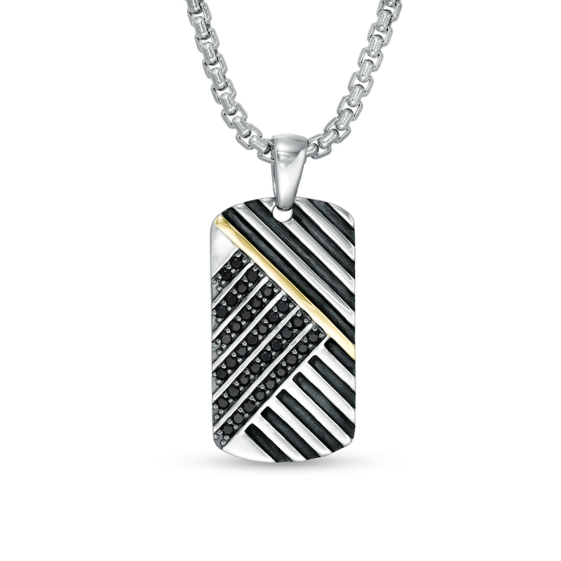 Main Image 1 of EFFY™ Collection Men's Black Sapphire Crosshatch Oxidized Dog Tag Pendant in Sterling Silver and 14K Gold