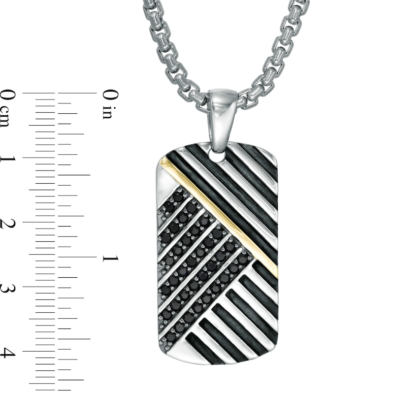 Main Image 2 of EFFY™ Collection Men's Black Sapphire Crosshatch Oxidized Dog Tag Pendant in Sterling Silver and 14K Gold