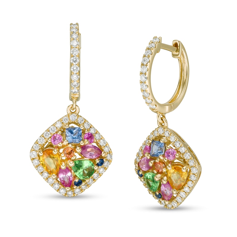 Main Image 1 of EFFY™ Collection Multi-Gemstone Cluster and 3/8 CT. T.W. Diamond Frame Drop Earrings in 14K Gold