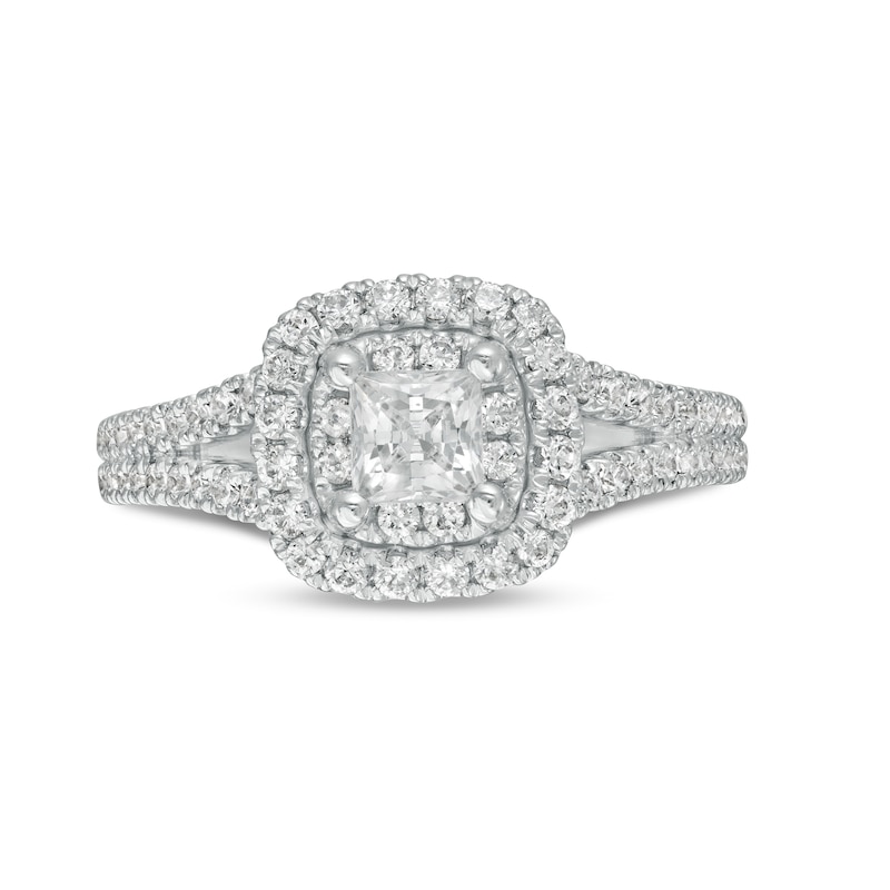 1 CT. T.W. Princess-Cut Diamond Cushion Frame Split Shank Engagement Ring in 14K White Gold