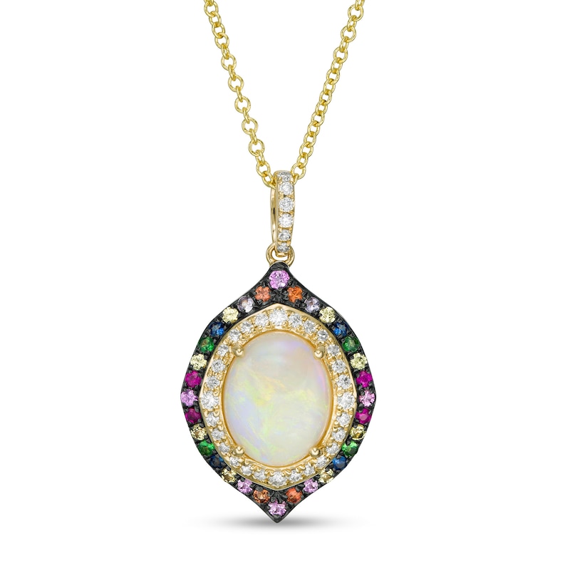 Main Image 1 of EFFY™ Collection Oval Opal, Multi-Gemstone and 1/6 CT. T.W. Diamond Double Frame Pendant in 14K Gold