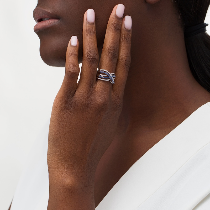 Main Image 2 of Lab-Created Ceylon and White Sapphire Multi-Row Loose Woven Ring in Sterling Silver