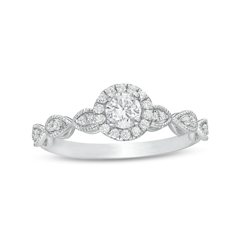 Main Image 1 of 1/2 CT. T.W. Diamond Frame Vintage-Style Engagement Ring in 14K White Gold