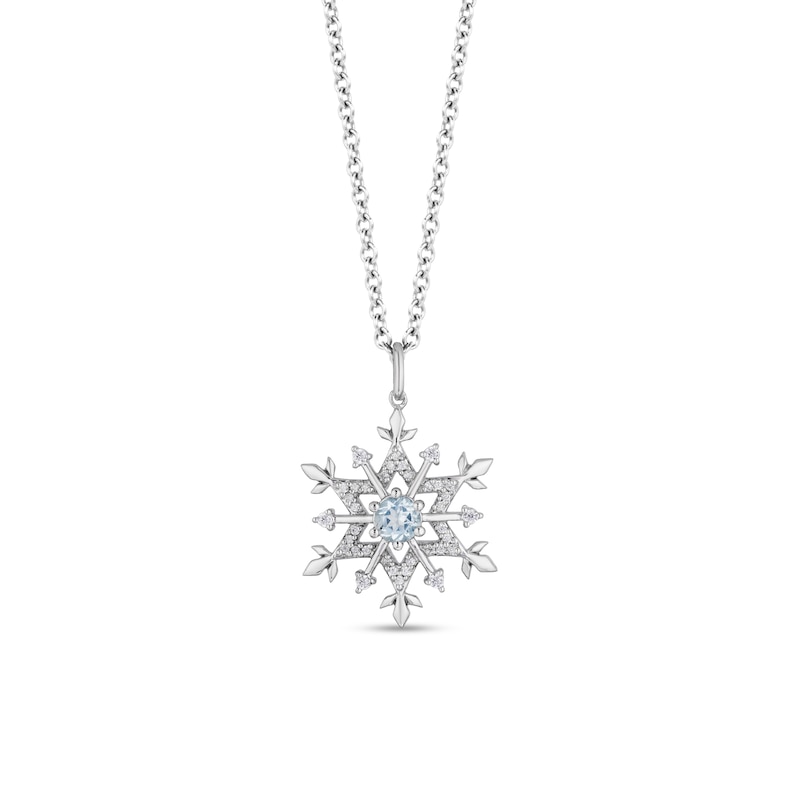 Main Image 1 of Enchanted Disney Elsa 4.0mm Aquamarine and 1/6 CT. T.W. Diamond Snowflake Pendant in Sterling Silver - 19&quot;