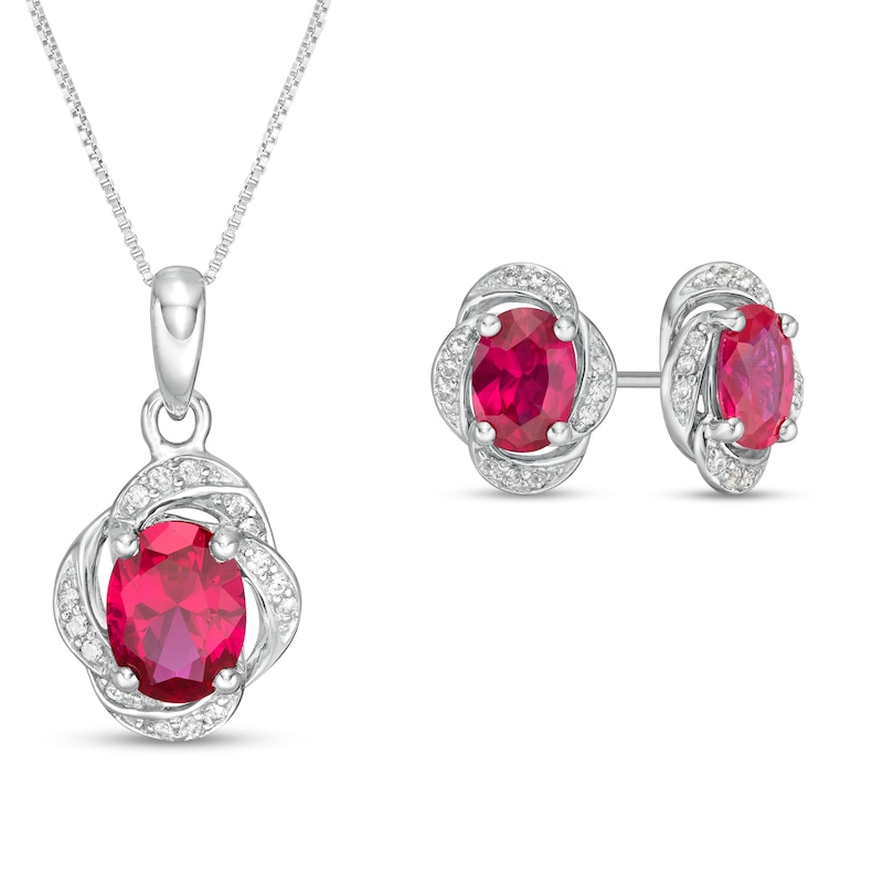 Main Image 1 of Oval Lab-Created Ruby and White Sapphire Frame Love Knot Drop Pendant and Stud Earrings Set in Sterling Silver