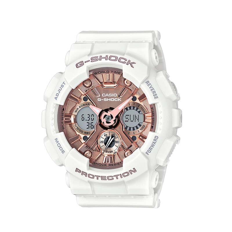 Main Image 1 of Ladies' Casio G-Shock White Resin Strap Watch with Rose-Tone Dial (Model: GMAS120MF-7A2)