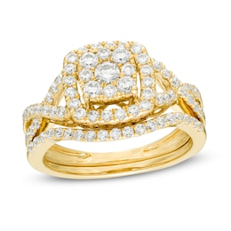 1 CT. T.W. Diamond Double Cushion Frame Twist Bridal Set in 10K Gold