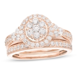 1 CT. T.W. Composite Diamond Frame Tri-Sides Vintage-Style Bridal Set in 10K Rose Gold