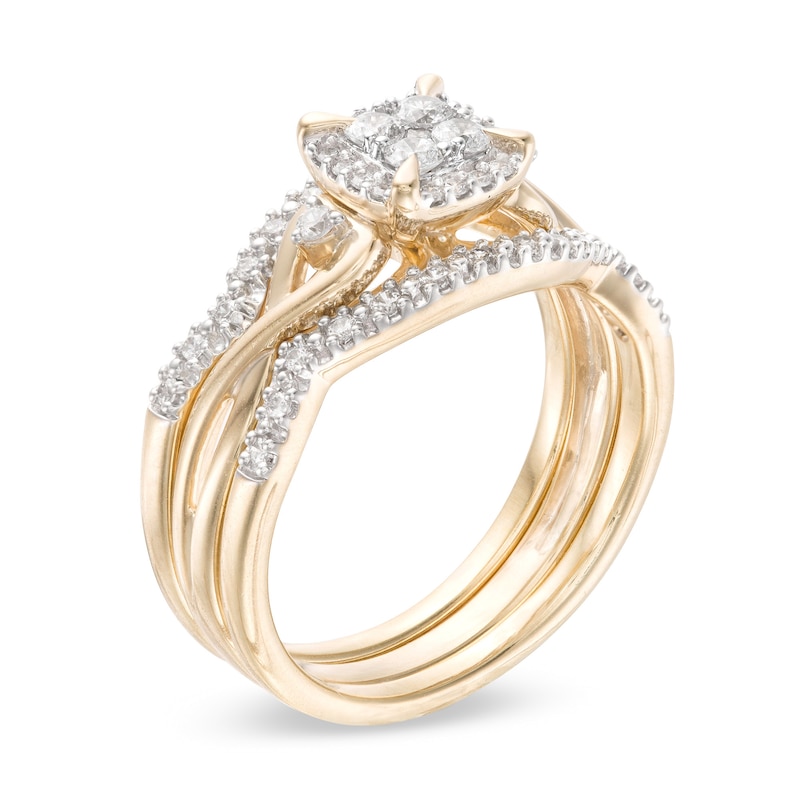 Main Image 2 of 3/8 CT. T.W. Composite Diamond Cushion Frame Twist Shank Three Piece Bridal Set in 10K Gold