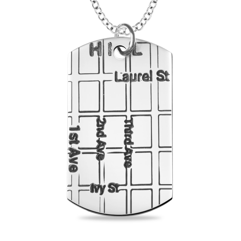 Main Image 1 of Engravable Map Dog Tag Pendant in Sterling Silver (1 Address and 4 Lines)