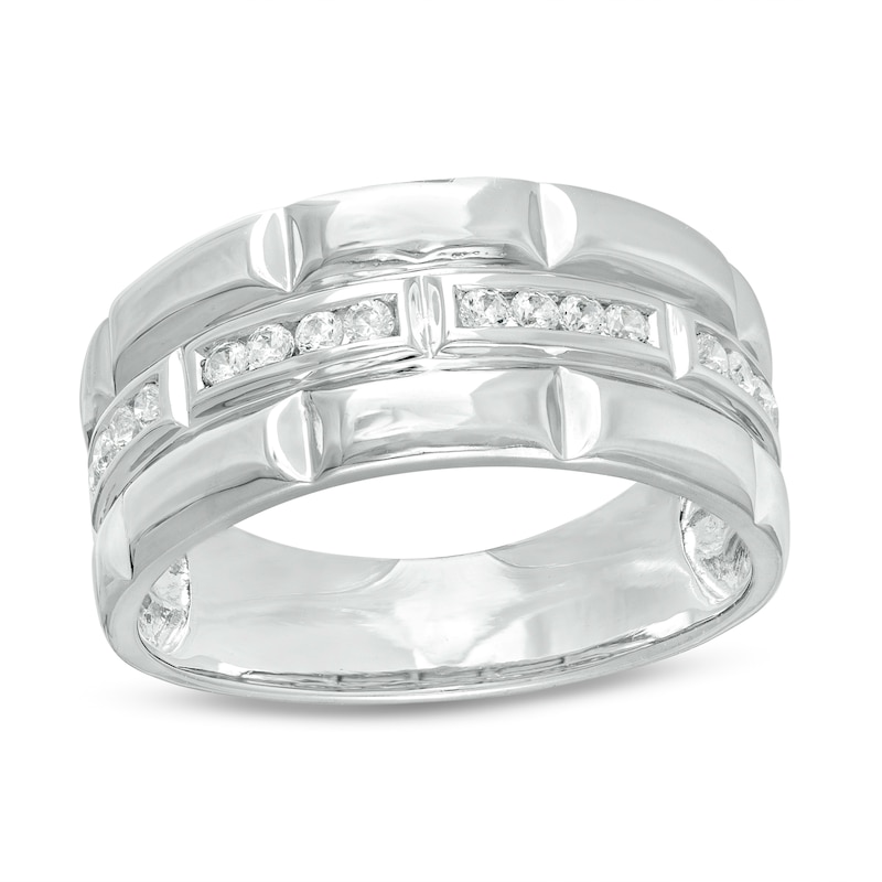 Main Image 1 of Men's 1/4 CT. T.W. Diamond Trio Station Brick Pattern Wedding Band in 10K White Gold