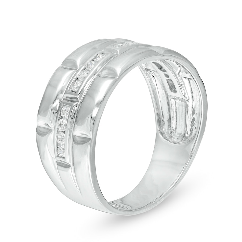 Main Image 3 of Men's 1/4 CT. T.W. Diamond Trio Station Brick Pattern Wedding Band in 10K White Gold