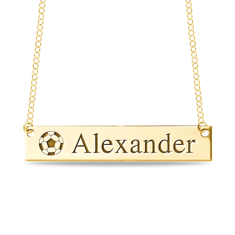 Engravable Name Soccer Ball Bar Sport Necklace in 10K White, Yellow or Rose Gold (2 Lines)