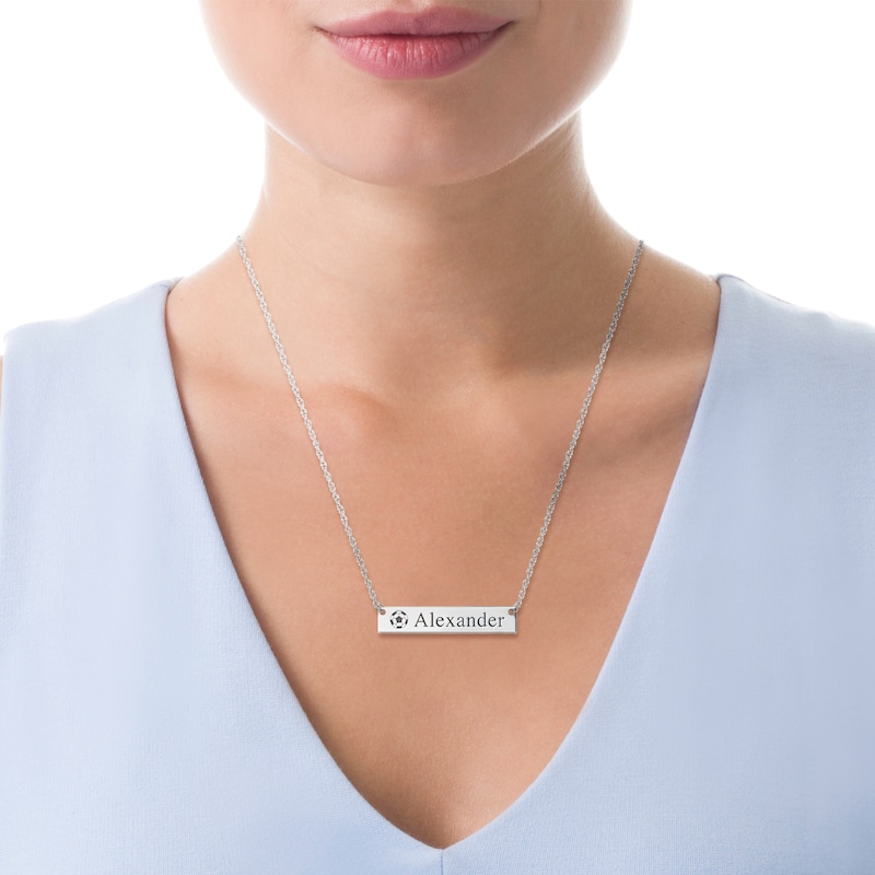 Engravable Name Soccer Ball Bar Sport Necklace in 10K White, Yellow or Rose Gold (2 Lines)