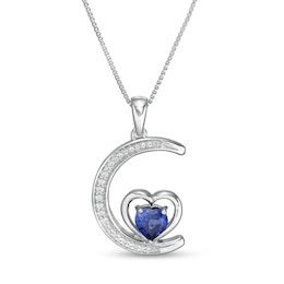 5.0mm Lab-Created Ceylon and White Sapphire Crescent Moon with Heart Pendant in Sterling Silver