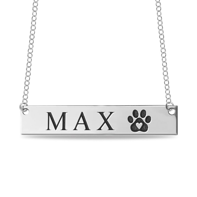 Main Image 1 of Engravable Name Heart in Paw Print Bar Pet Necklace in 14K White, Yellow or Rose Gold (2 Lines)