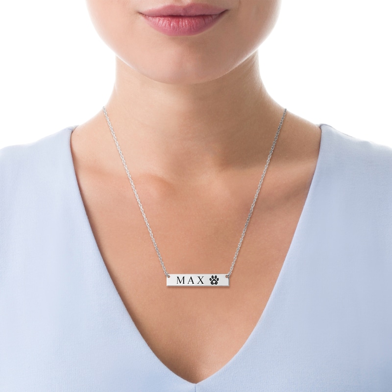 Main Image 2 of Engravable Name Heart in Paw Print Bar Pet Necklace in 14K White, Yellow or Rose Gold (2 Lines)