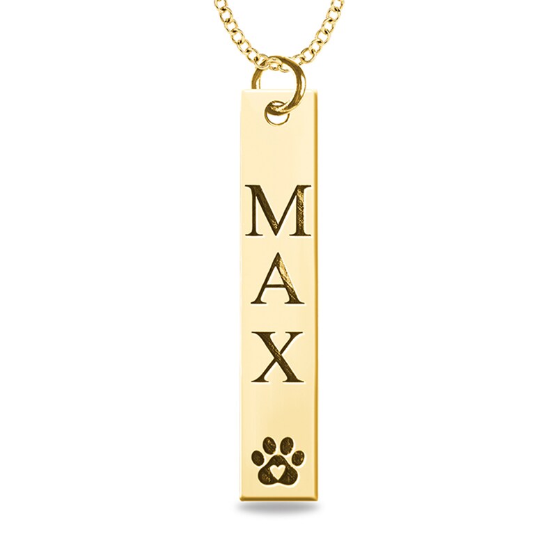 Main Image 1 of Engravable Name Heart in Paw Print Vertical Bar Pet Pendant in 14K White, Yellow or Rose Gold (2 Lines)