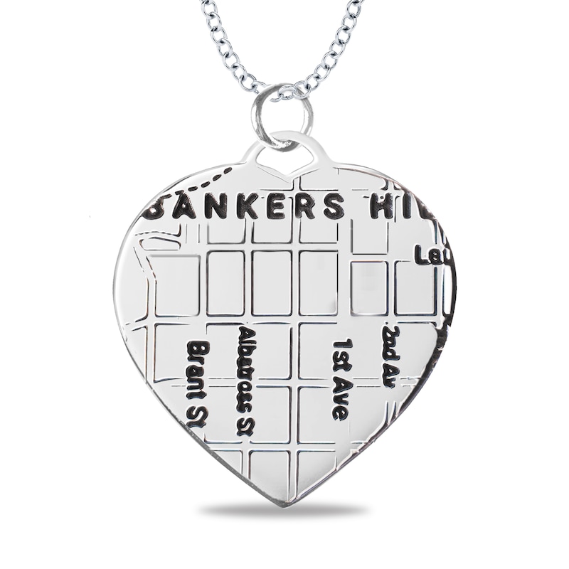 Main Image 1 of Engravable Map Heart Disc Pendant in 14K White, Yellow or Rose Gold (1 Address and 3 Lines)