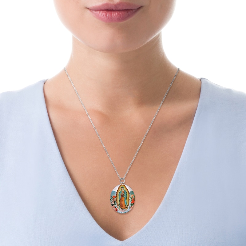 Main Image 2 of Engravable Enamel Our Lady of Guadalupe Oval Pendant in 14K White, Yellow or Rose Gold (3 Lines)