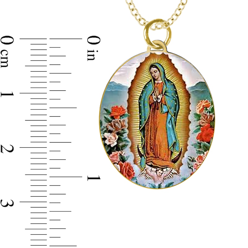 Main Image 4 of Engravable Enamel Our Lady of Guadalupe Oval Pendant in 14K White, Yellow or Rose Gold (3 Lines)