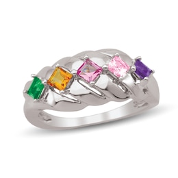 Mother's Tilted Princess-Cut Birthstone Cascading Ribbon Ring (5 Stones)