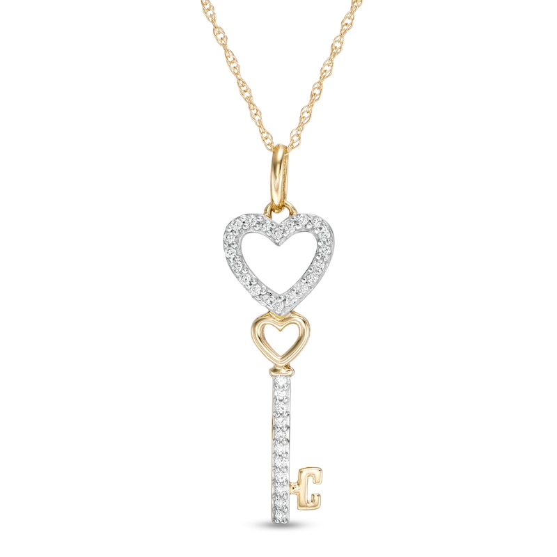1/10 Ct. T.W. Diamond Double Heart-Top Key Pendant