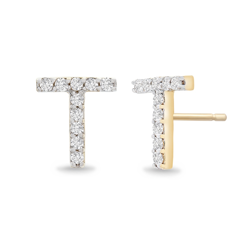 Main Image 2 of 1/10 CT. T.W. Diamond &quot;T&quot; Initial Stud Earrings in 10K Gold