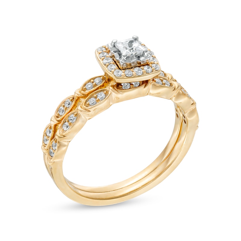 Main Image 3 of 3/8 CT. T.W. Princess-Cut Diamond Frame Scallop Shank Bridal Set in 10K Two-Tone Gold