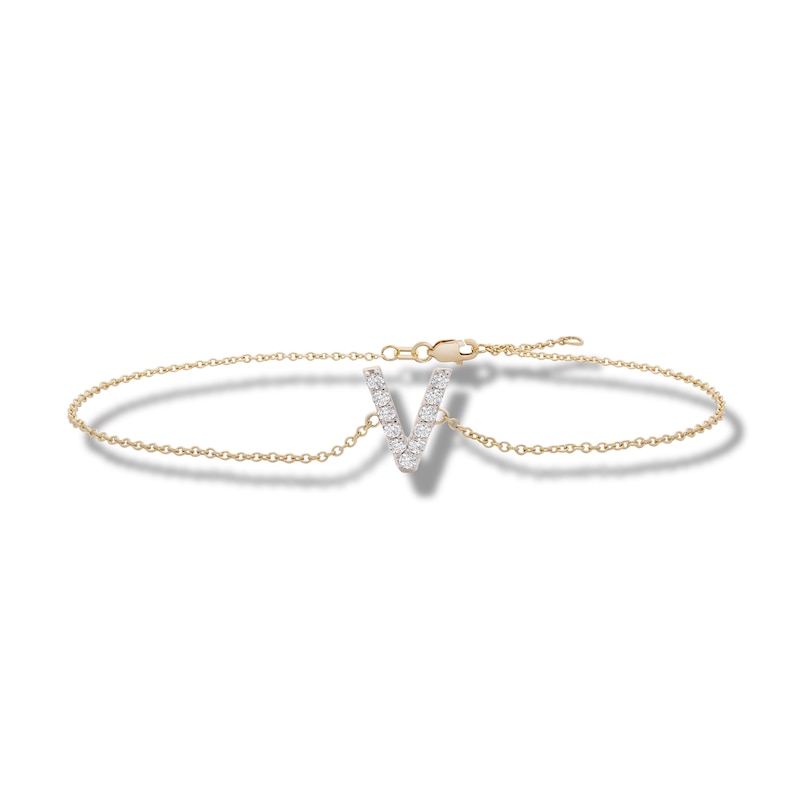 Main Image 1 of 1/10 CT. T.W. Diamond &quot;V&quot; Initial Bracelet in 10K Gold - 7.5&quot;