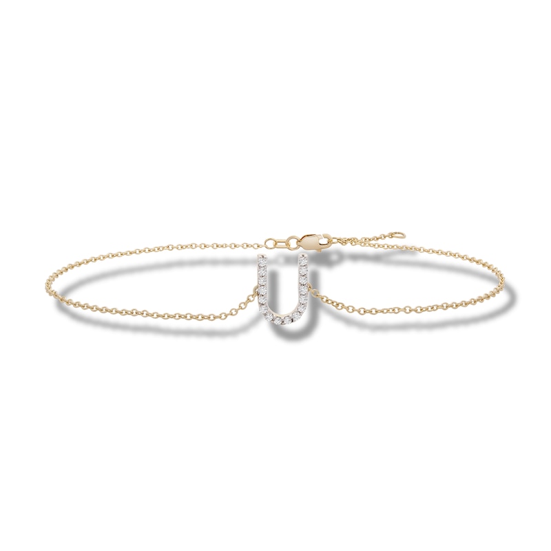 Main Image 1 of 1/10 CT. T.W. Diamond &quot;U&quot; Initial Bracelet in 10K Gold - 7.5&quot;