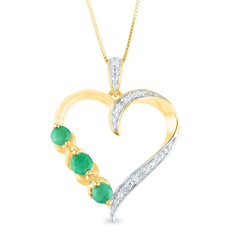 Emerald and Diamond Accent Beaded Three Stone "XO" Heart Pendant in 10K Gold