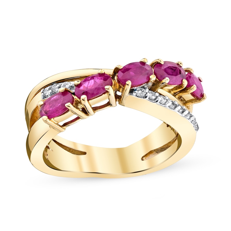 Main Image 1 of Oval Ruby and 1/10 CT. T.W. Diamond Five Stone Slant Triple Row Split Shank Crossover Ring in 14K Gold - Size 7