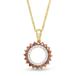 1/2 CT. T.W. Enhanced Champagne and White Diamond Sunburst Circle Drop Pendant in Sterling Silver with 14K Gold Plate