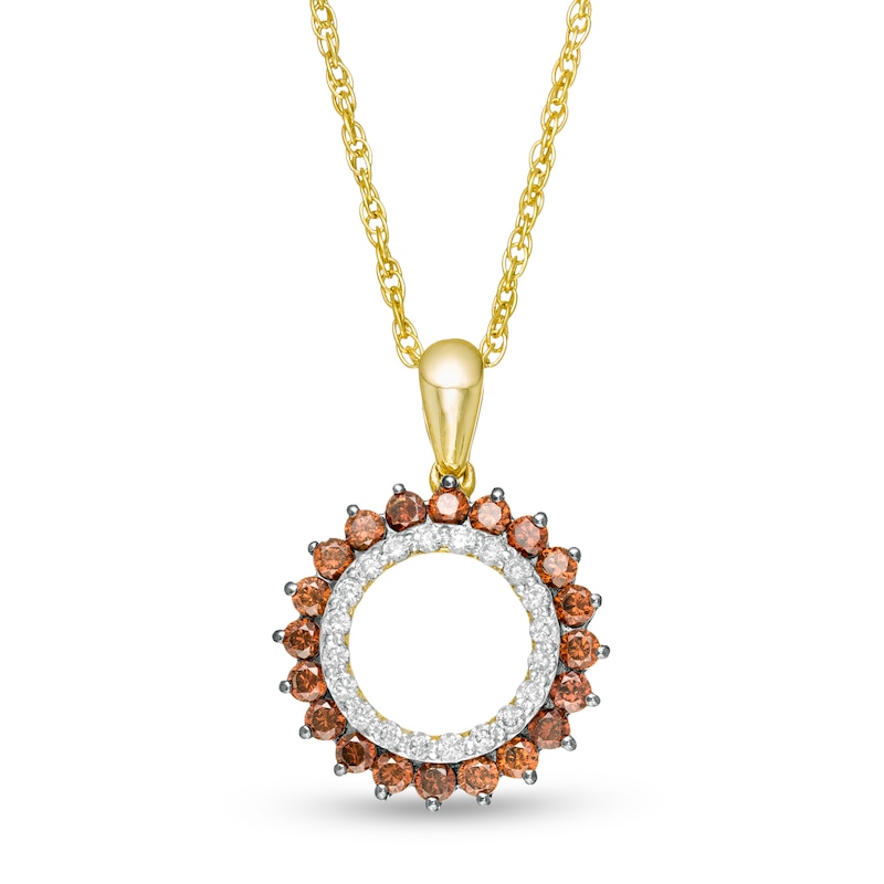 Main Image 1 of 1/2 CT. T.W. Enhanced Champagne and White Diamond Sunburst Circle Drop Pendant in Sterling Silver with 14K Gold Plate