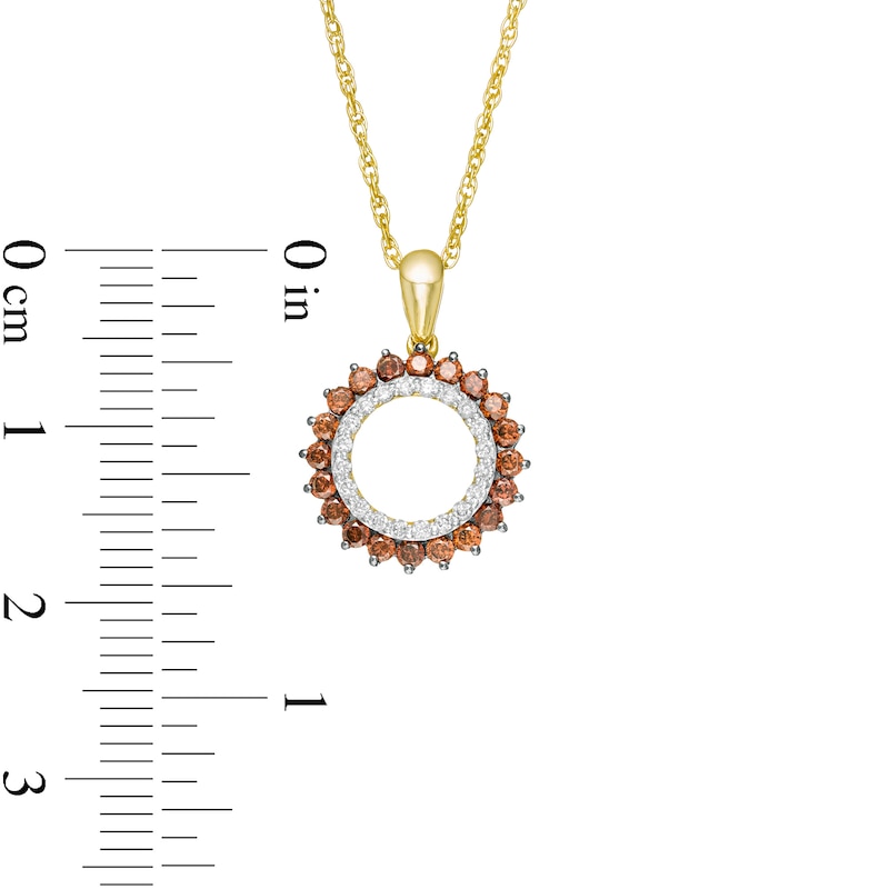 Main Image 2 of 1/2 CT. T.W. Enhanced Champagne and White Diamond Sunburst Circle Drop Pendant in Sterling Silver with 14K Gold Plate