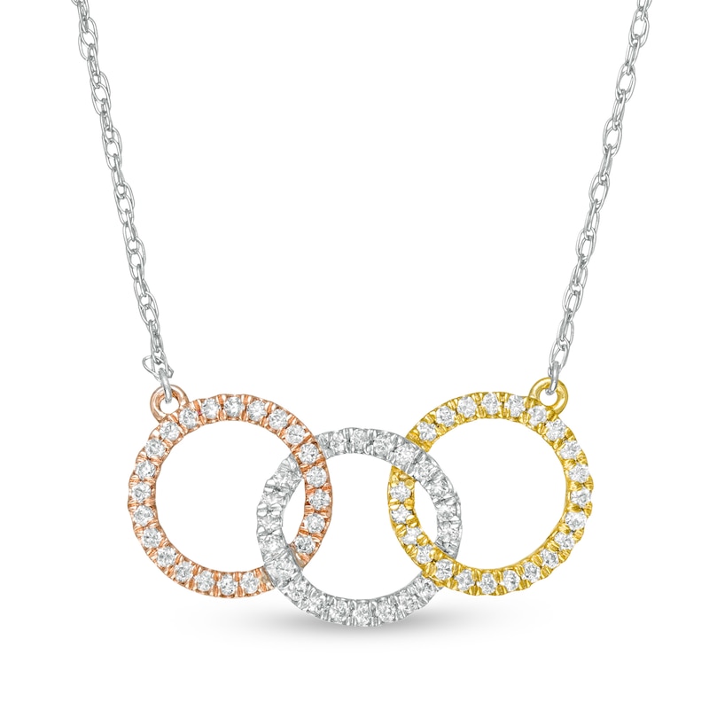 Main Image 1 of 1/3 CT. T.W. Diamond Interwoven Circle Trio Necklace in 10K Tri-Tone Gold