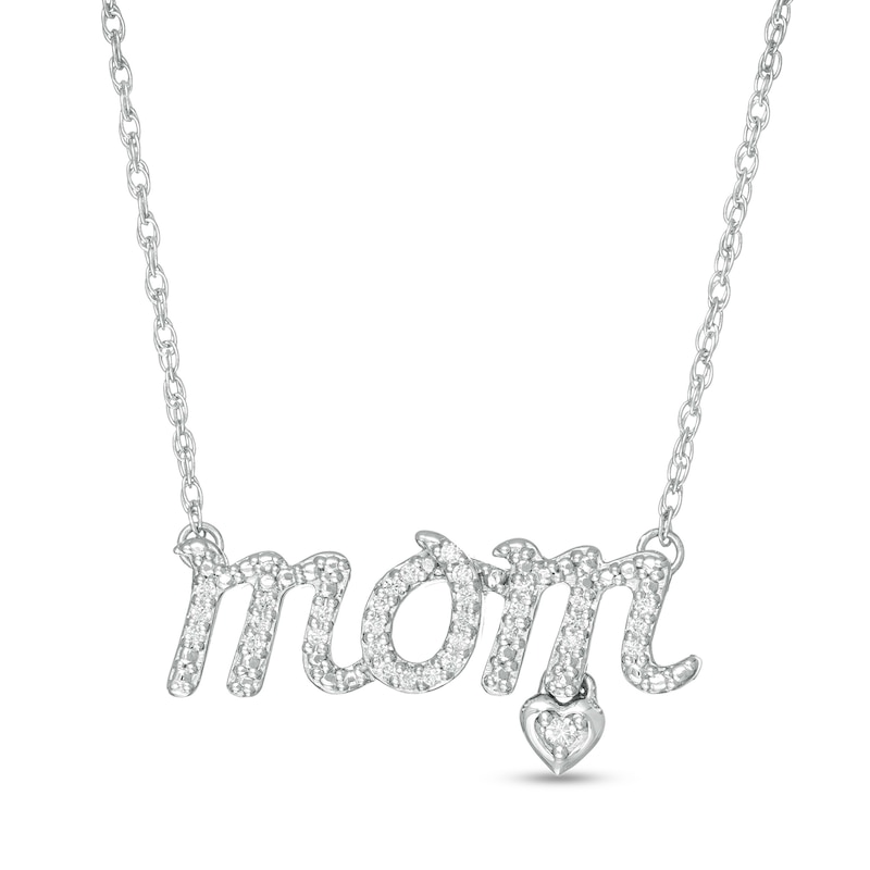 Main Image 1 of 1/10 CT. T.W. Diamond &quot;mom&quot; Script and Heart Dangle Necklace in Sterling Silver