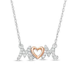 1/8 CT. T.W. Diamond &quot;MOM&quot; with Heart Necklace in Sterling Silver and 10K Rose Gold