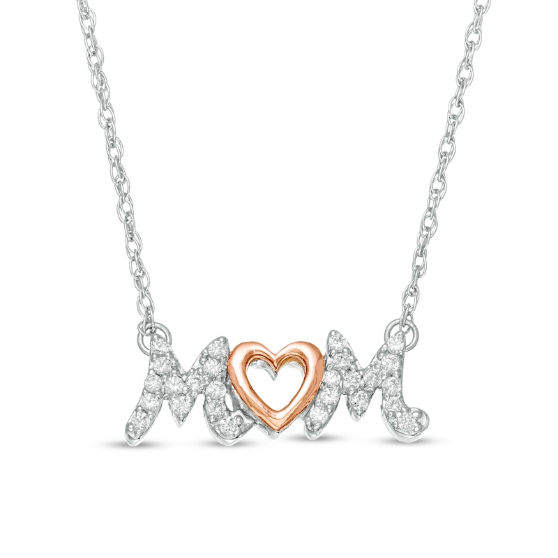 Main Image 1 of 1/8 CT. T.W. Diamond &quot;MOM&quot; with Heart Necklace in Sterling Silver and 10K Rose Gold