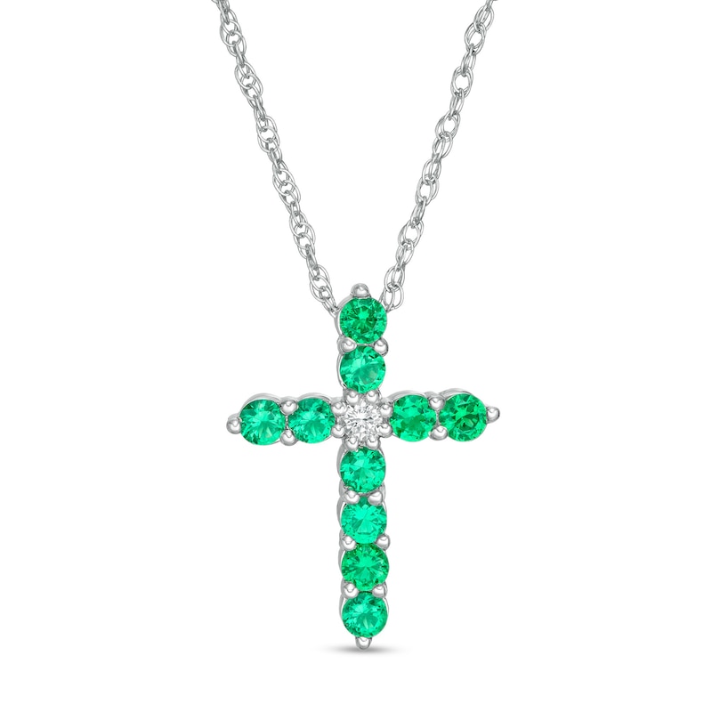 Main Image 1 of Lab-Created Emerald and White Sapphire Cross Pendant in Sterling Silver