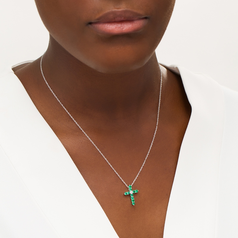 Main Image 2 of Lab-Created Emerald and White Sapphire Cross Pendant in Sterling Silver