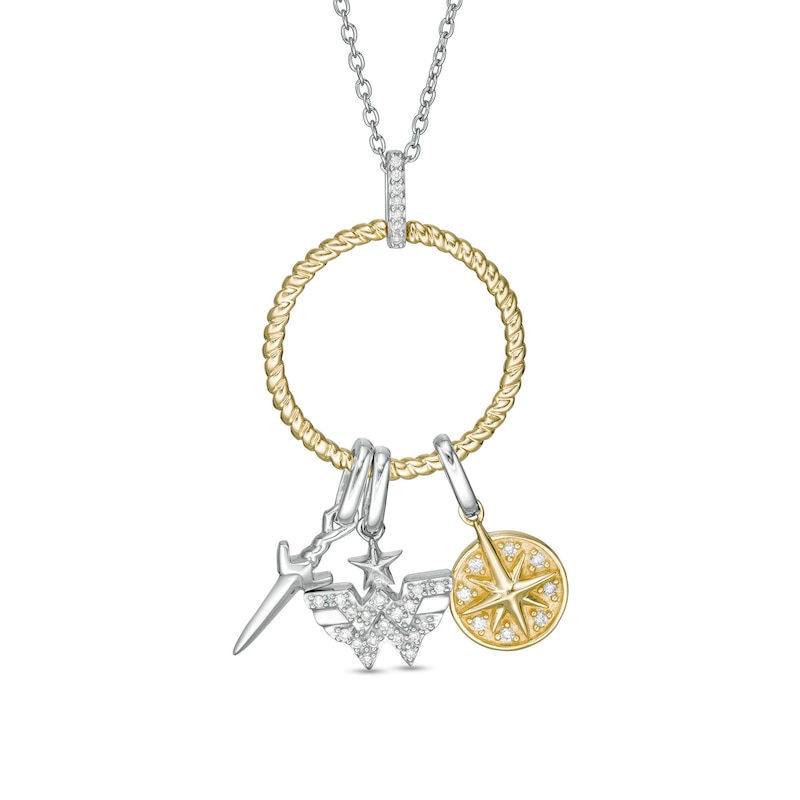 Main Image 1 of Wonder Woman™ Collection 1/8 CT. T.W. Diamond Lasso Circle Pendant with Theme Charms in Sterling Silver and 10K Gold