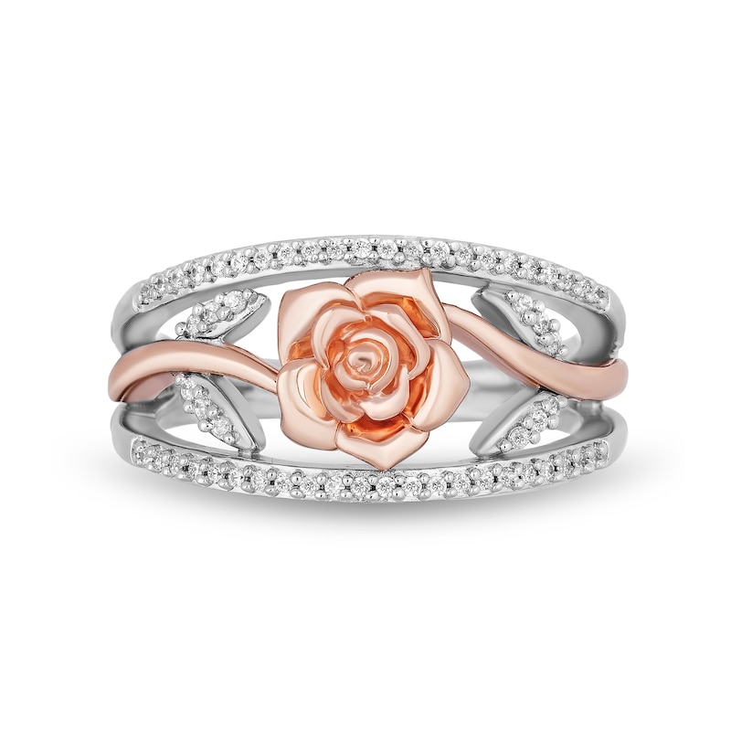 Main Image 4 of Enchanted Disney Belle 1/5 CT. T.W. Diamond Rose Open Shank Ring in Sterling Silver and 10K Rose Gold