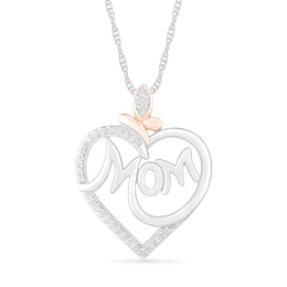 1/8 CT. T.W. Diamond Heart with &quot;Mom&quot; Pendant in Sterling Silver and 10K Rose Gold