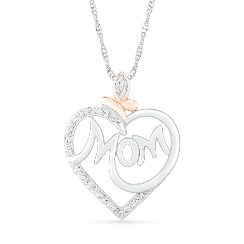 1/8 CT. T.W. Diamond Heart with "Mom" Pendant in Sterling Silver and 10K Rose Gold